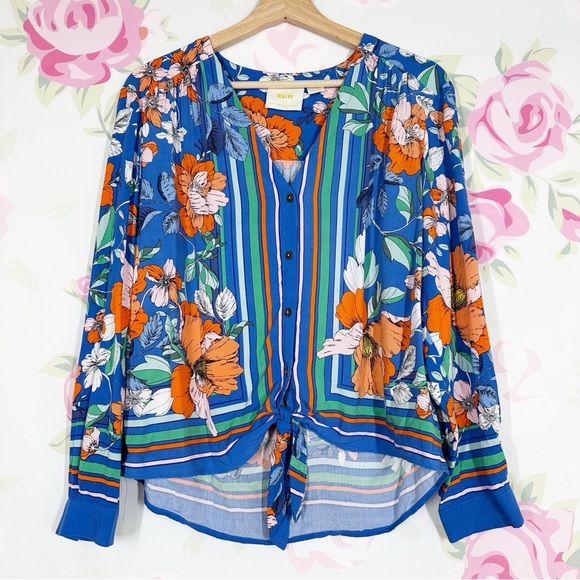 Anthropologie Maeve Floral Blue and Orange Cuffed Sleeve Blouse S - Picture 1 of 10